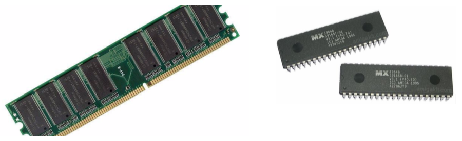 Une barrette de RAM (à gauche) et des éléments de ROM (à droite)